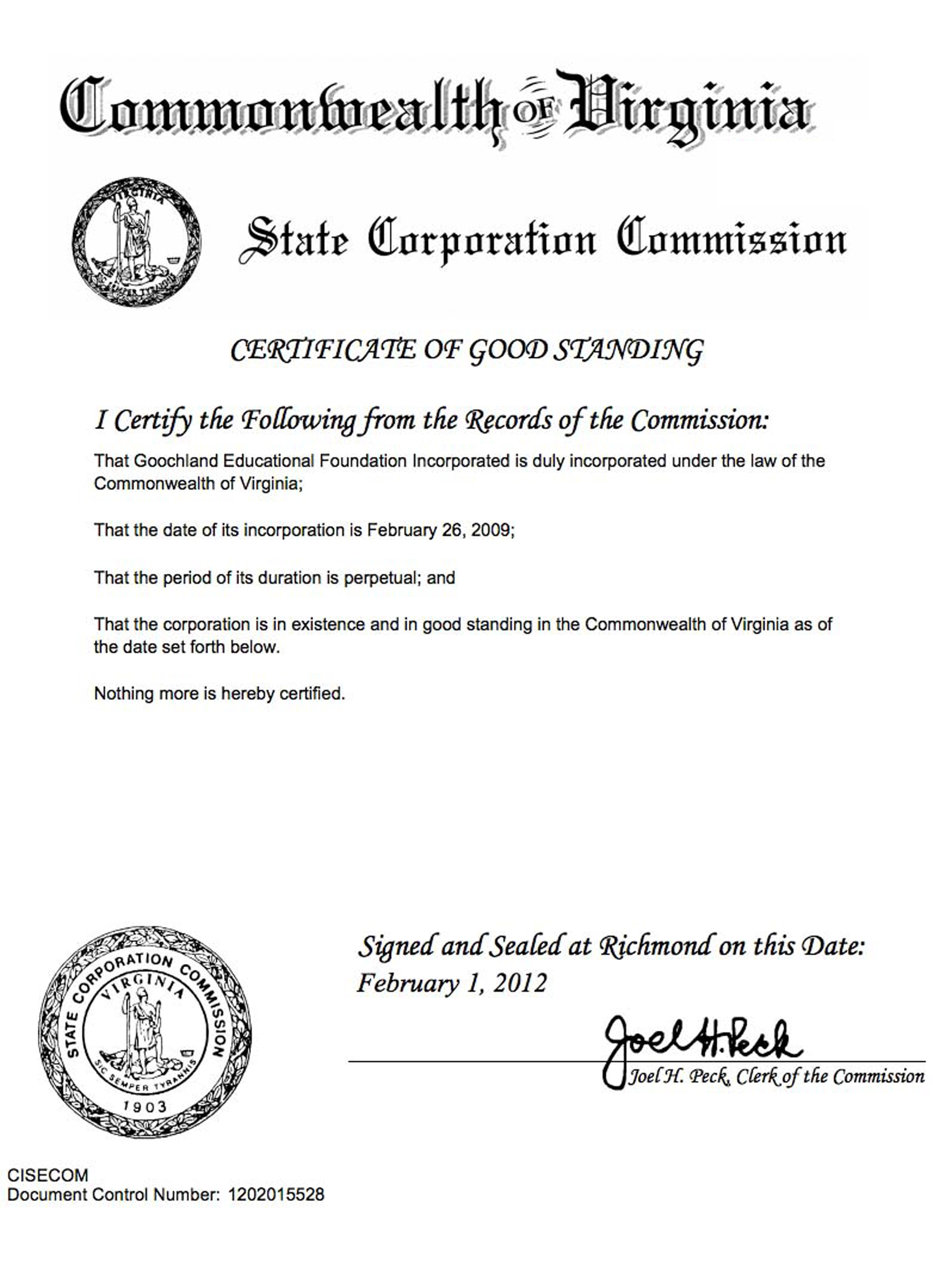 USA Virginia certificate of good standing